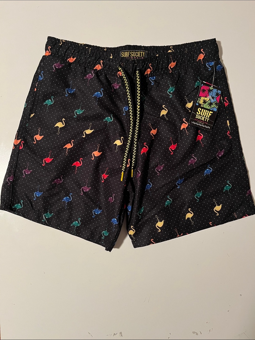Surf Society Swimwear Black Swim Shorts with Multicolor Flamingo Print Size S